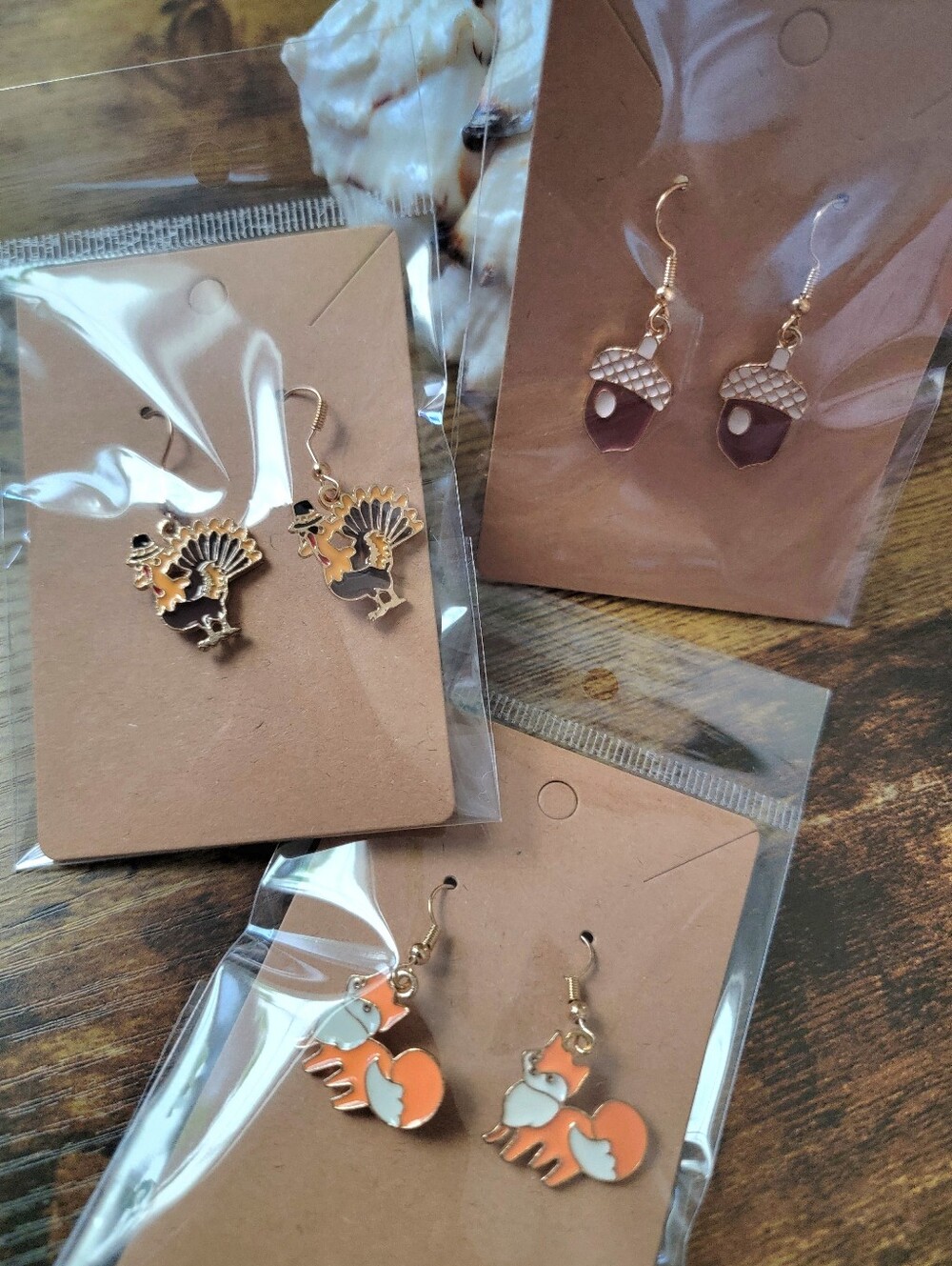 3pcs Fall Earrings Gold-Tone Orange & Brown Fox and Acorn Dangle Earrings